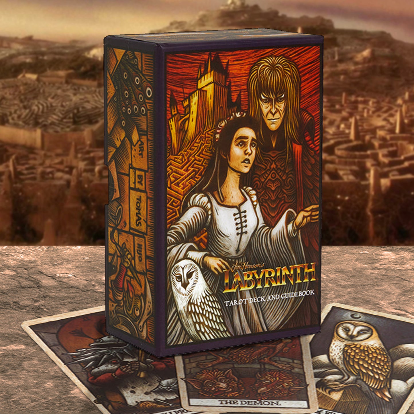 Labyrinth tarot deck and guidebook packaging with illustrations of characters and owl.