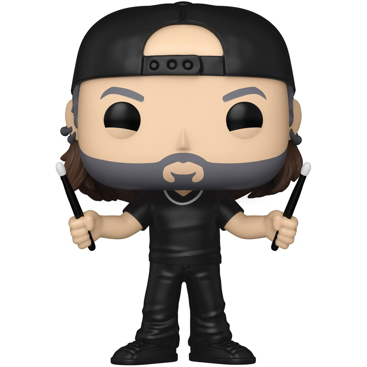 A bobblehead figure depicting Lars Ulrich from the band Metallica, against a white background. Lars is holding a pair of black drumstocks, and is wearing a backward black baseball hat.
