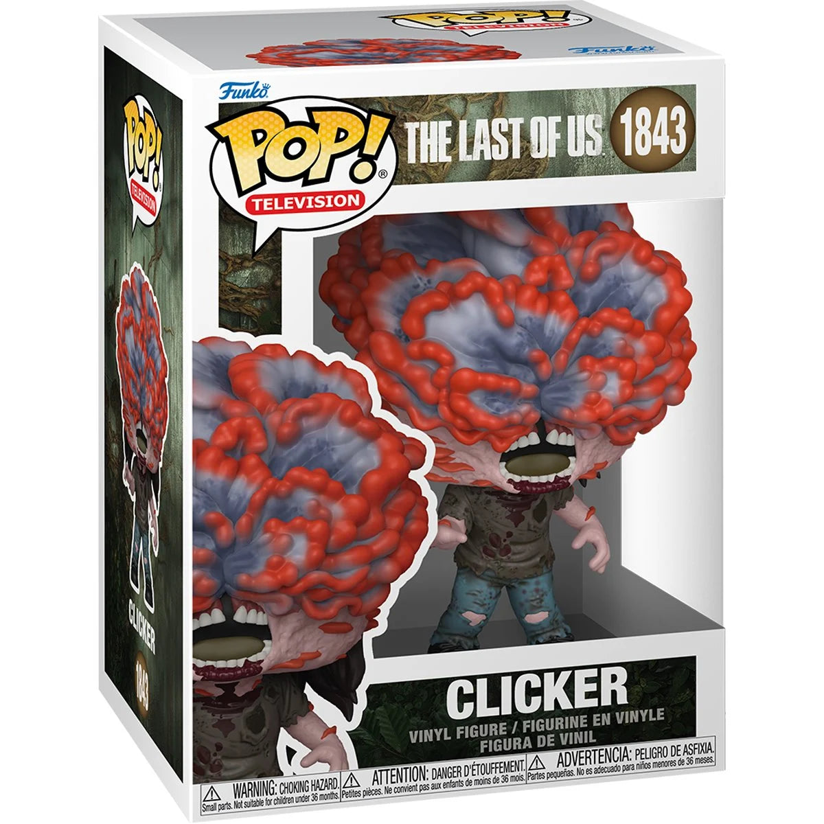 A cardboard box with a transparent front, containing a bobblehead figure depicting a Clicker from the TV series The Last of Us.