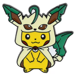 An enamel pin depicting the Pokemon character Pikachu dressed as Leafeon.