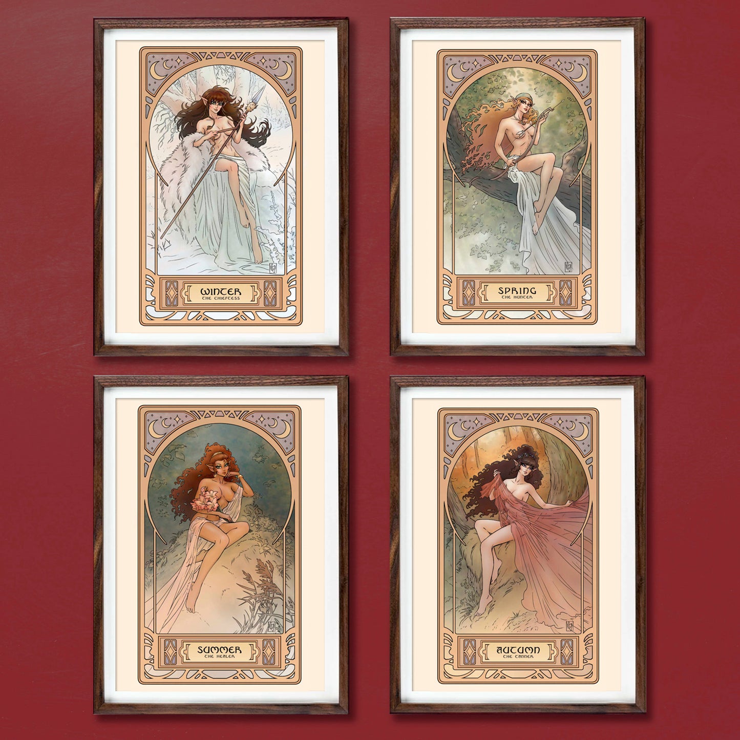 Four Art Nouveau style lithographs in frames against a red wall. They depict female characters from the series ElfQuest. Each one represents a different season.