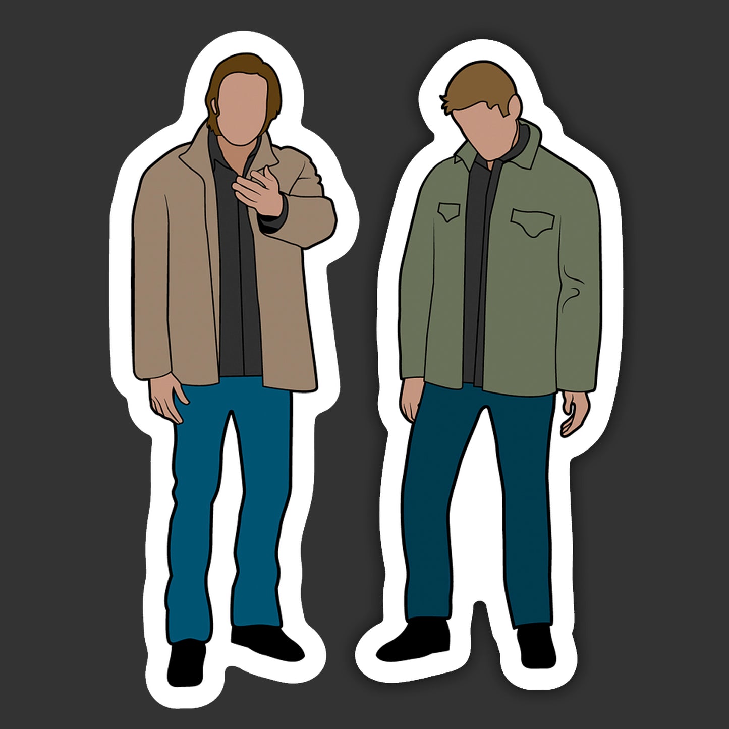 Two illustrated figures wearing jackets and blue pants on a black background