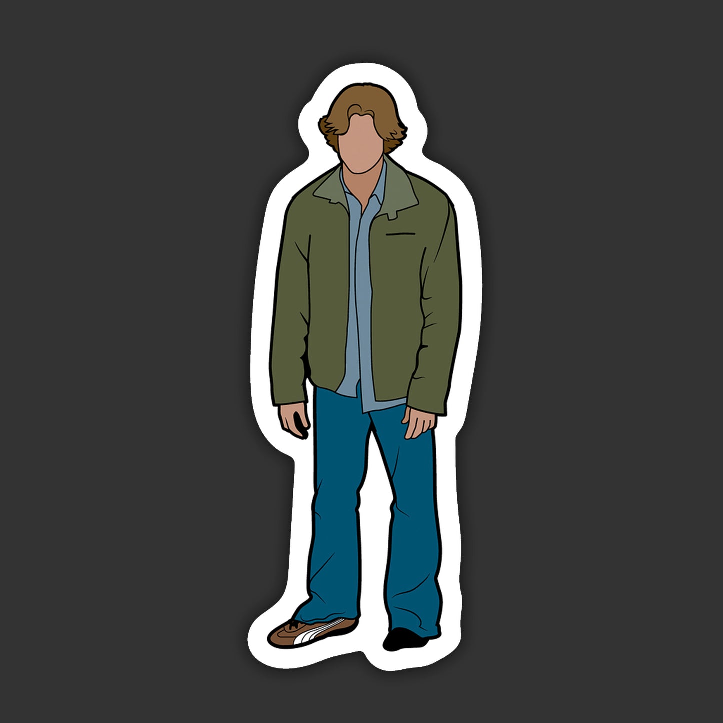 Illustration of a person wearing a green jacket and blue jeans on a dark background