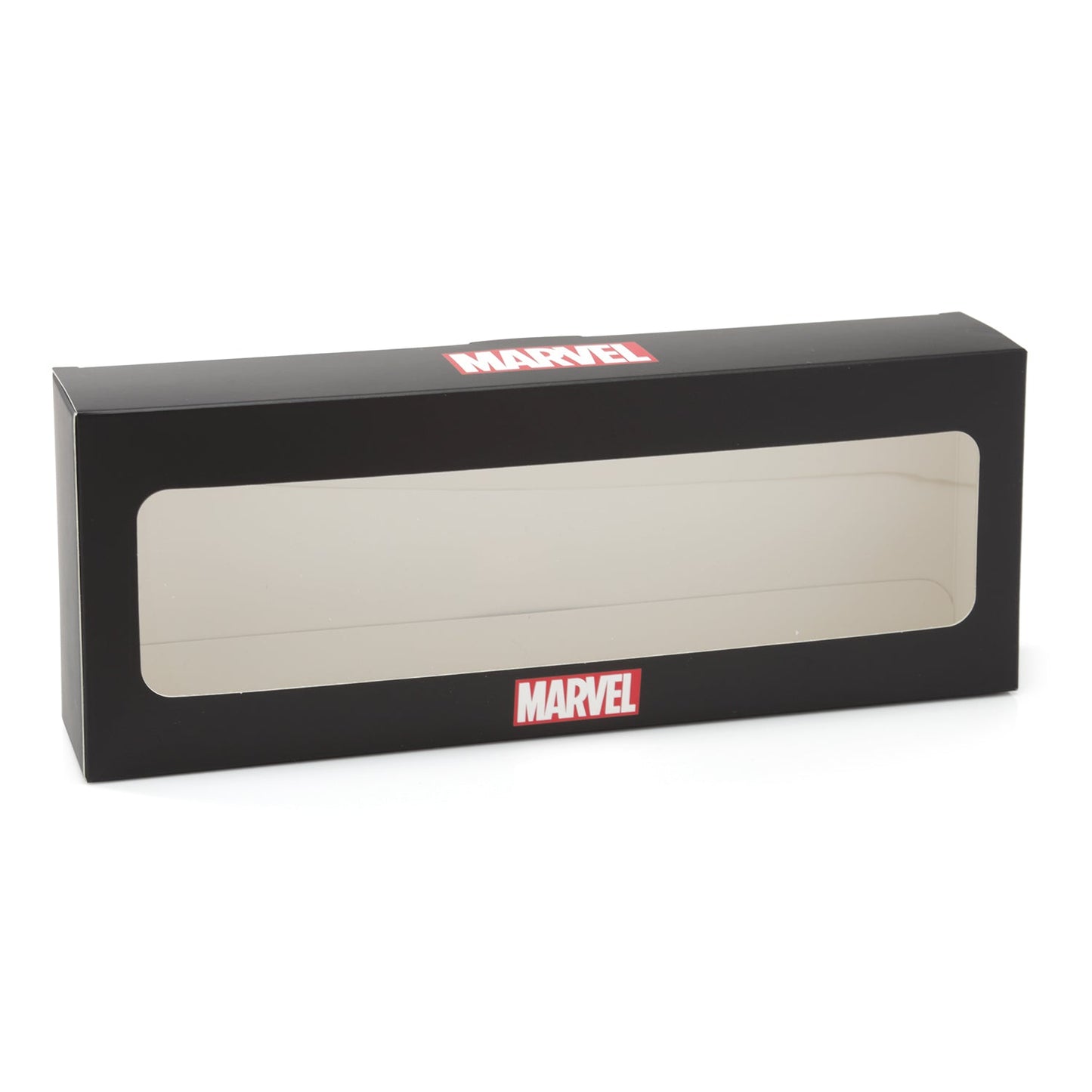 Black Marvel box with transparent window on a white background