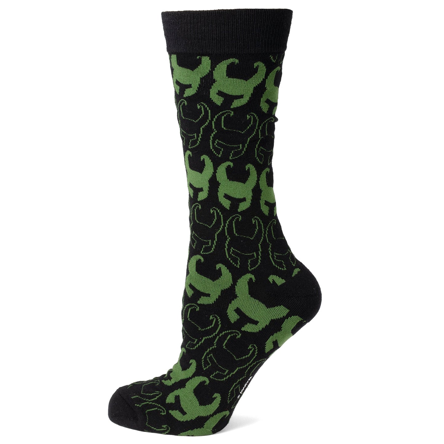 Black sock with green Loki pattern on a white background