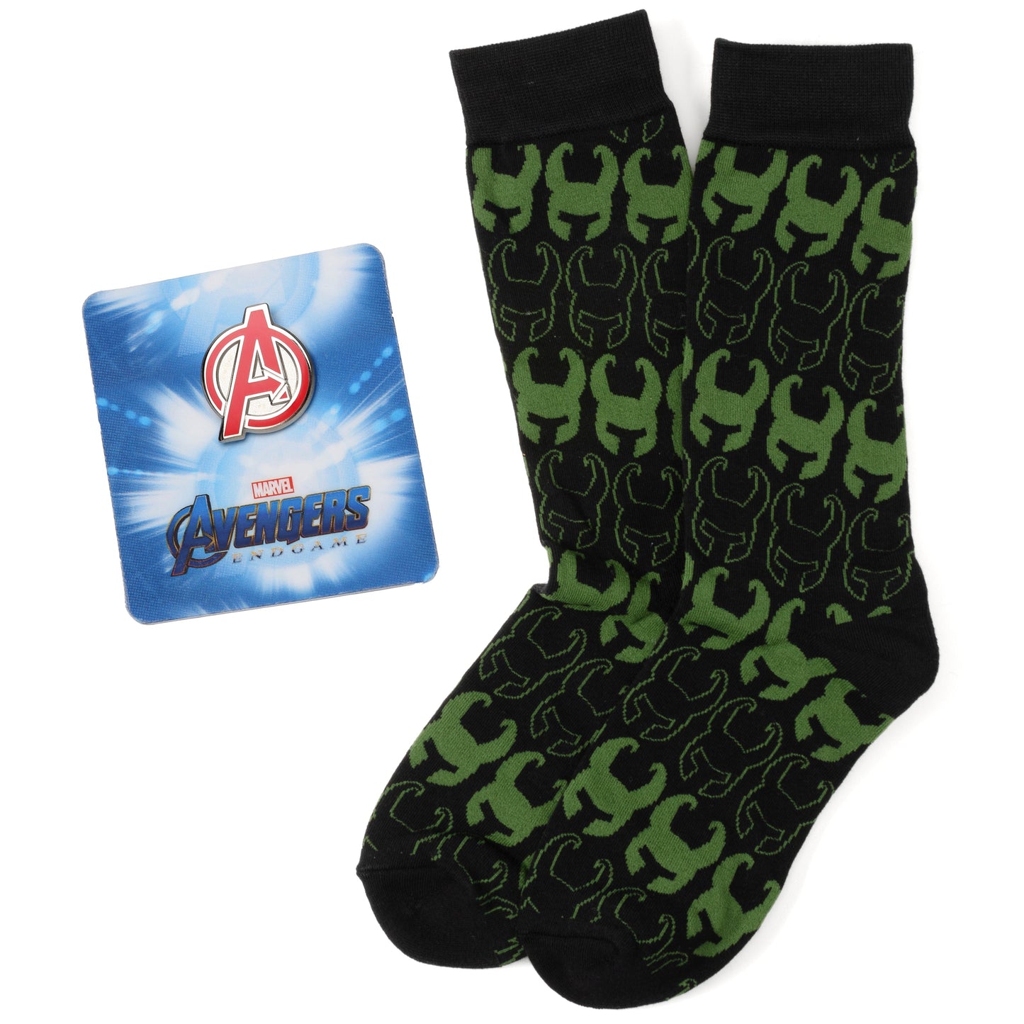 Black socks with green patterns and Avengers branded card on a white background