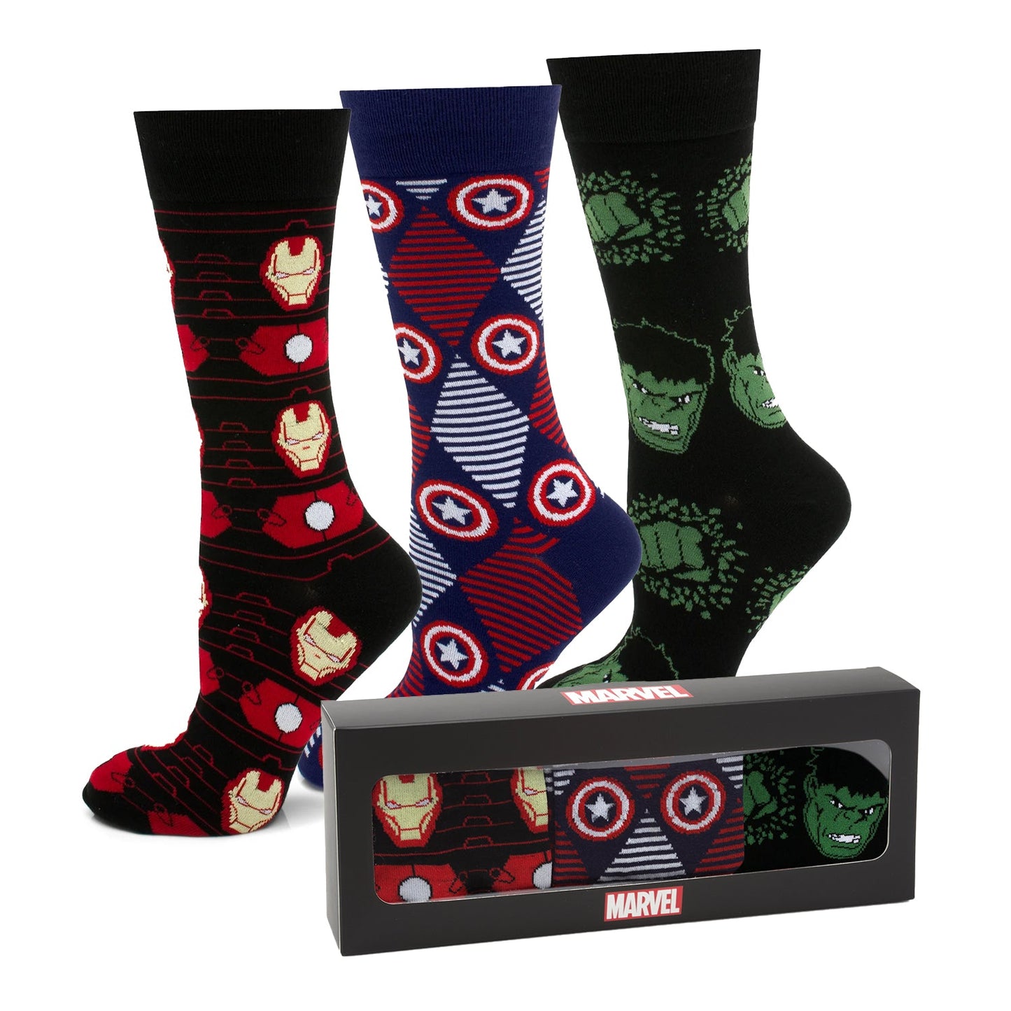 Three pairs of Marvel-themed socks with a packaging box in the foreground on a white background.