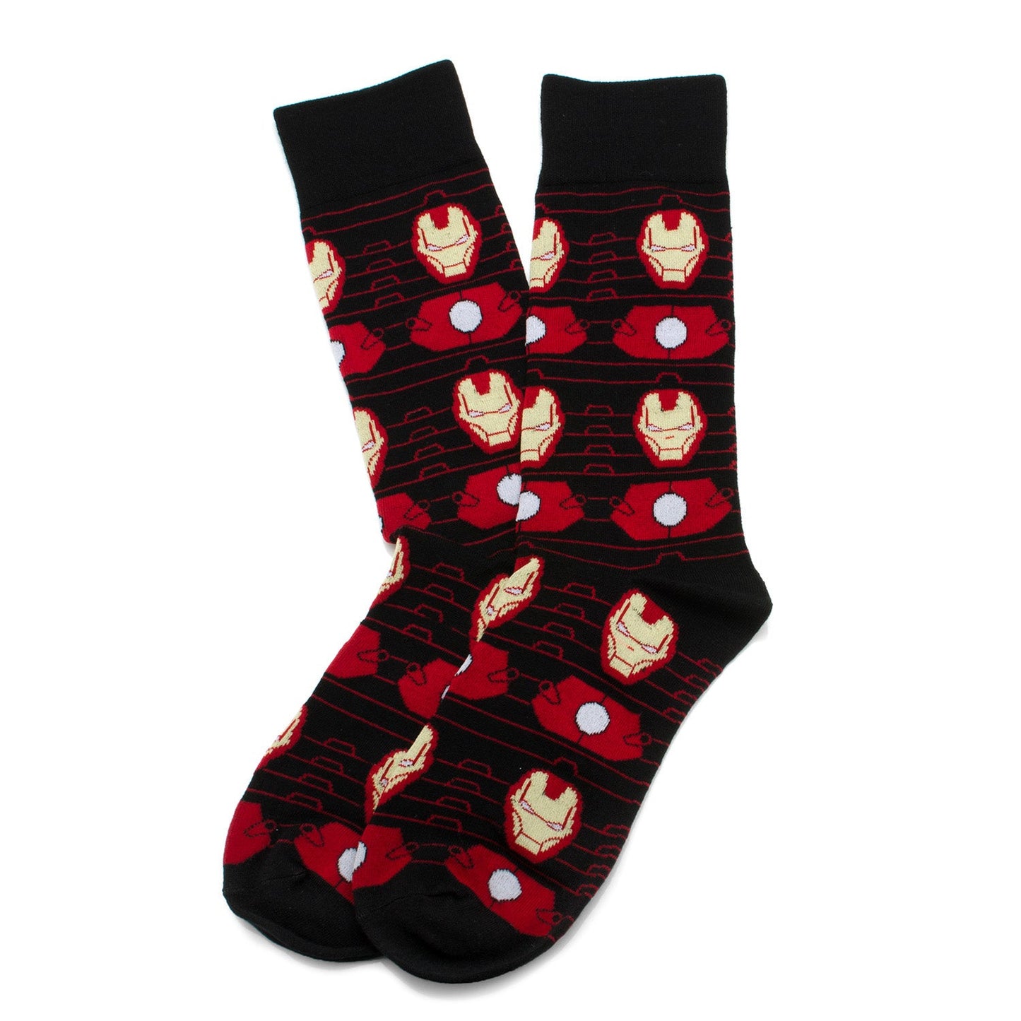 Pair of socks with Iron Man design on a white background