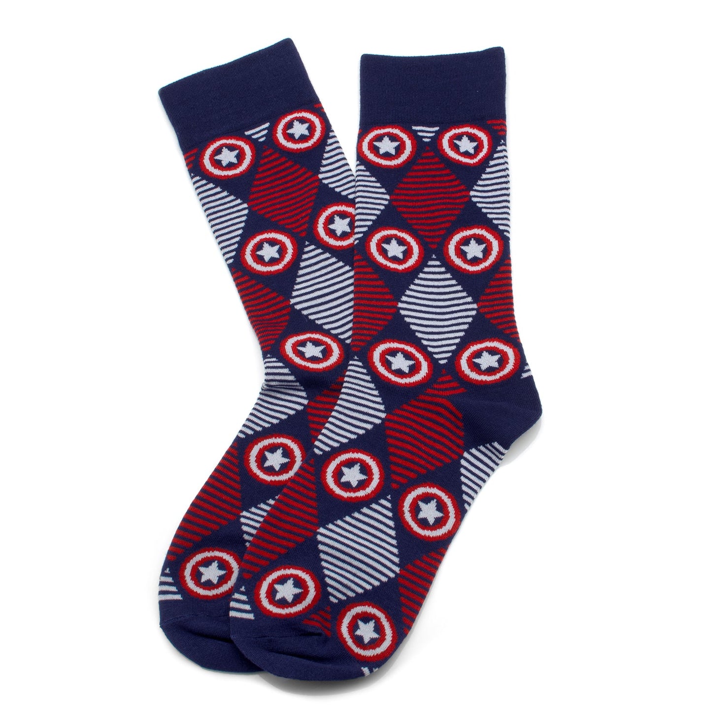 Two socks with Captain America shield pattern on a white background