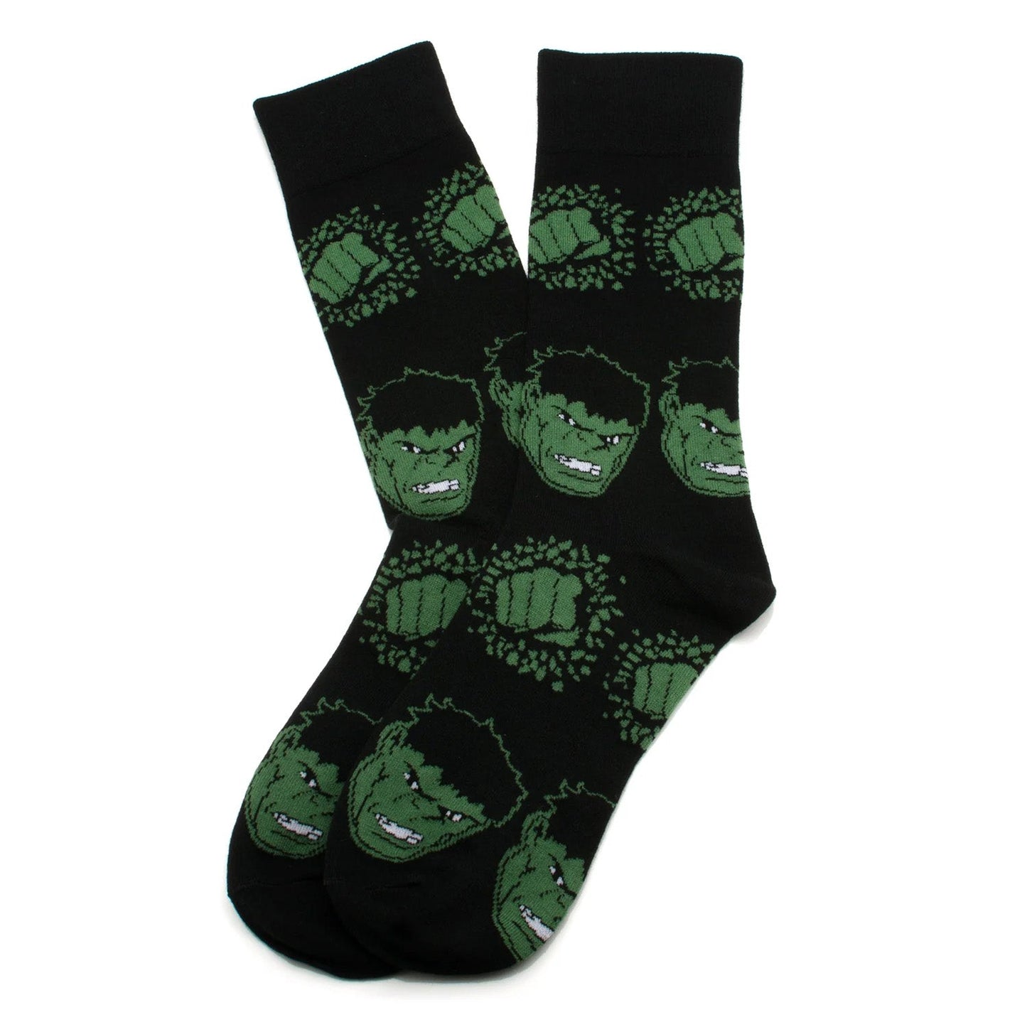 Black socks with green Incredible Hulk design on a white background