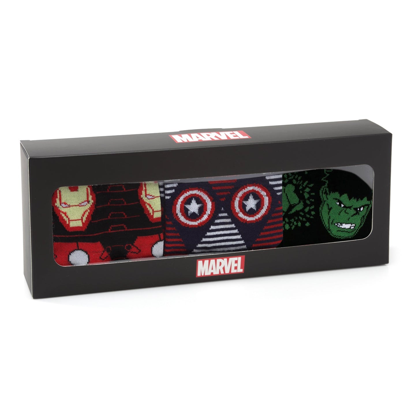 Marvel-themed socks in a black box packaging on a white background