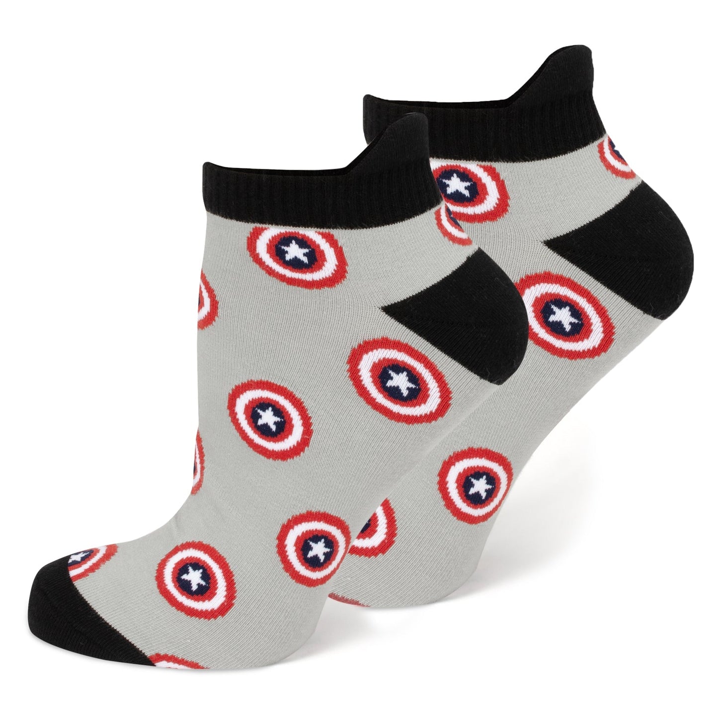 Two pairs of socks with Captain America shield pattern on a gray background