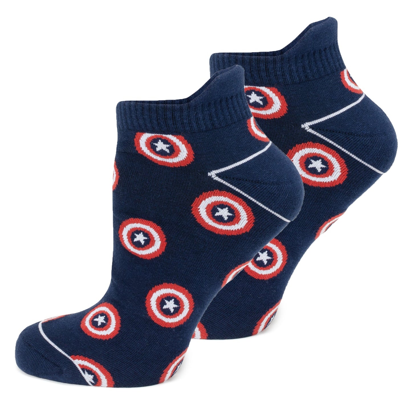 Navy blue socks with red and white circular patterns on a white background