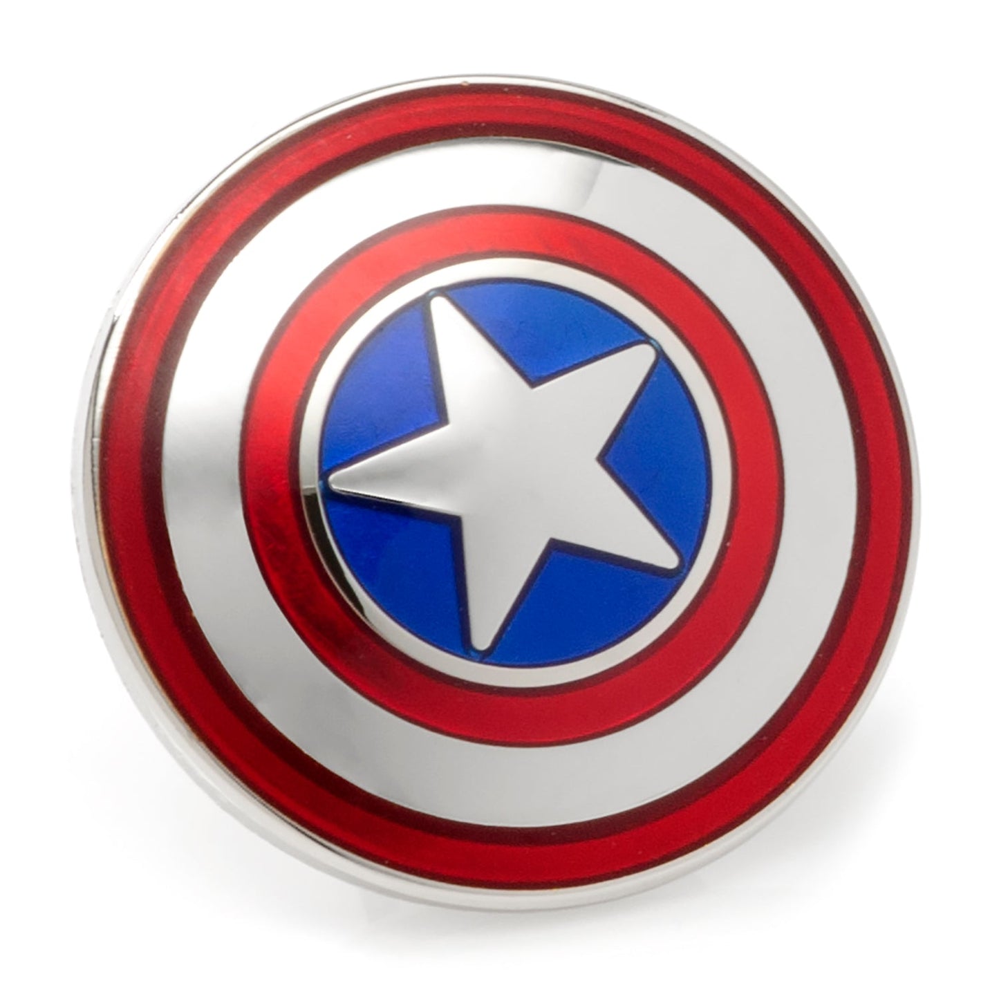 Captain America shield lapel pin on a white background