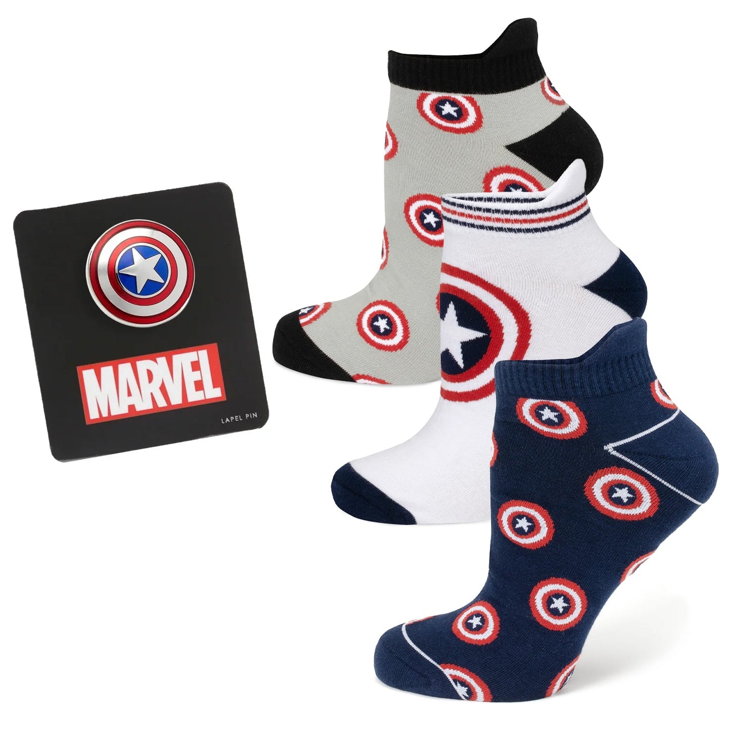 Set of socks with Captain America design and Marvel lapel pin on a white background
