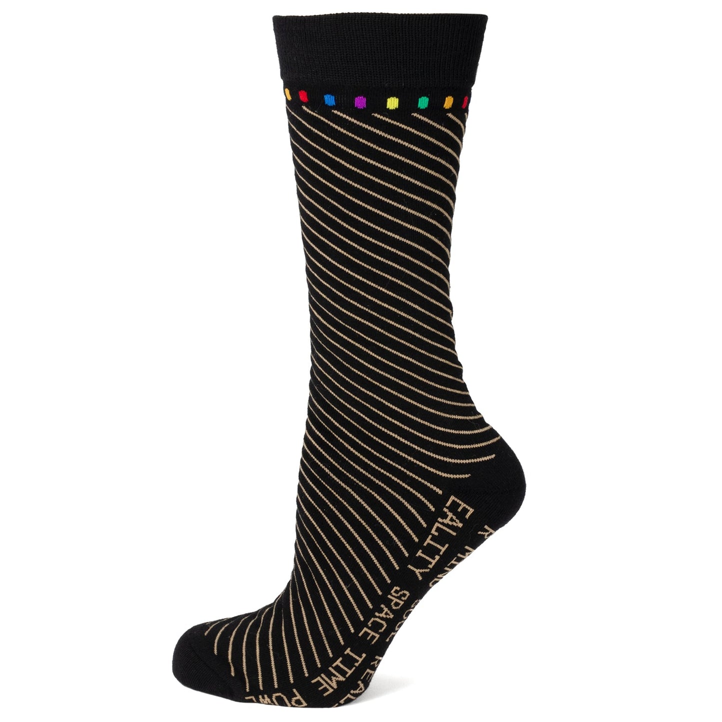 Black sock with gold stripes and colorful dots on a white background