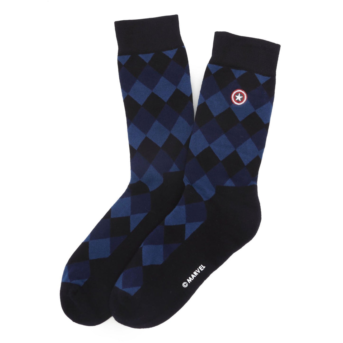 Black socks with blue diamond pattern on a white background