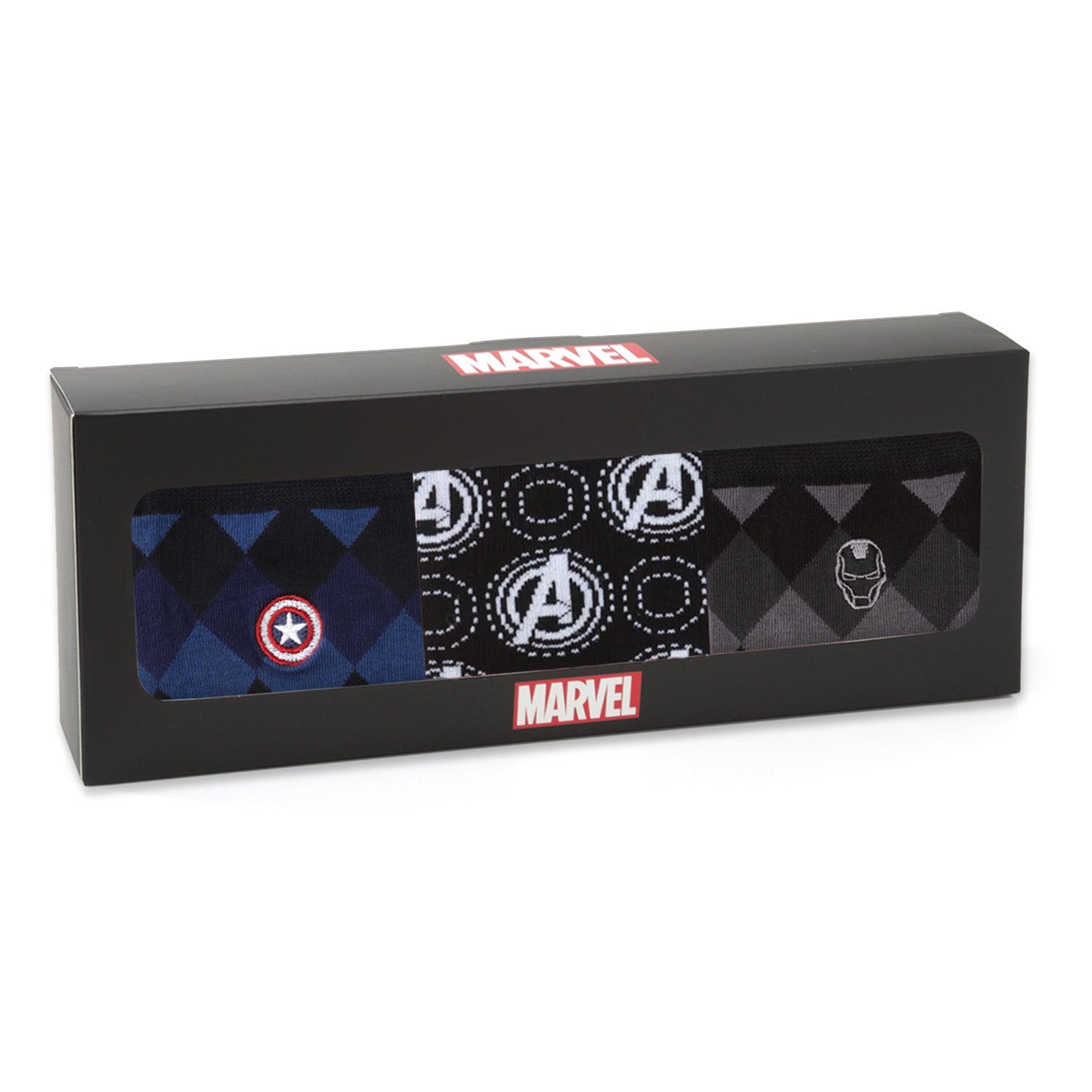 Marvel-themed socks set in a black box packaging on a white background