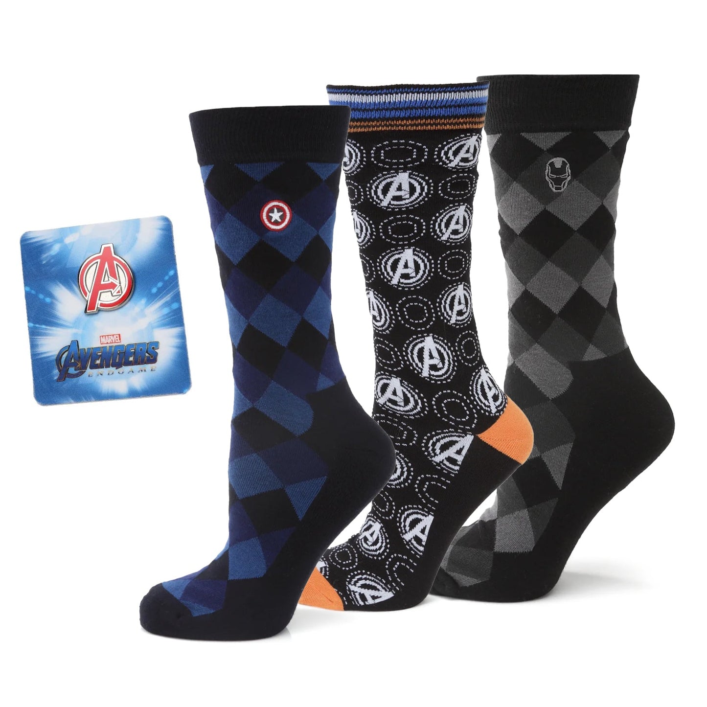 Three pairs of socks with Avengers logo and packaging on a white background