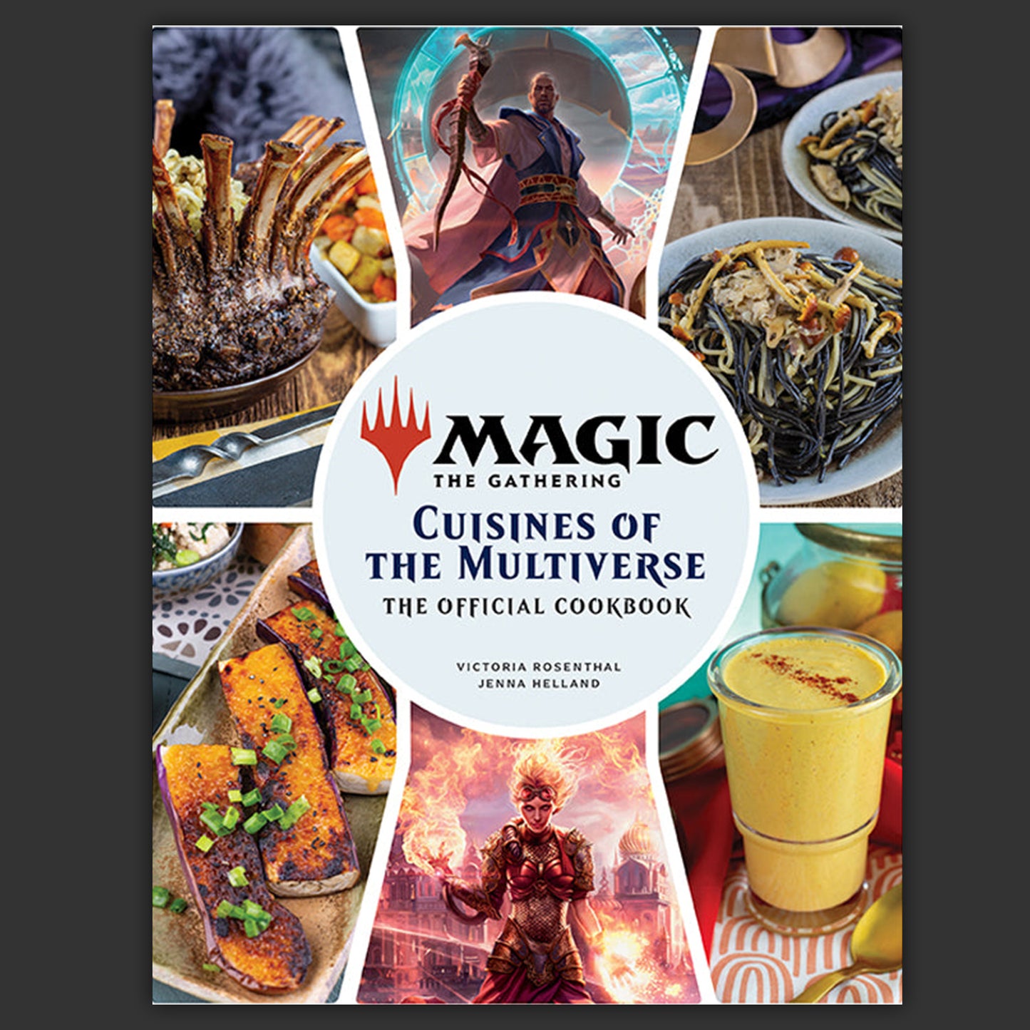 Cover of 'Cuisines of the Multiverse' cookbook with food images and 'Magic: The Gathering' logo.