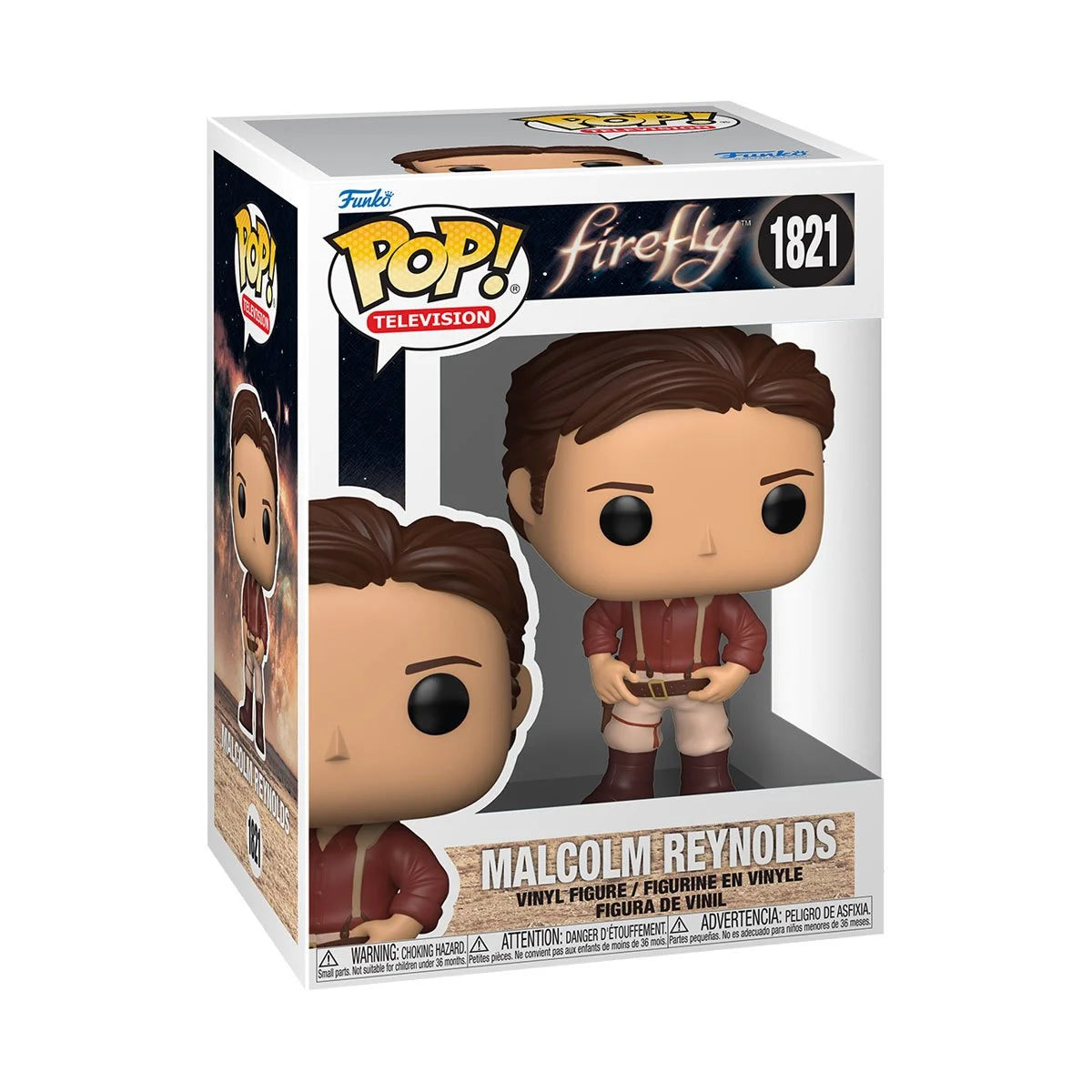 A boxed vinyl Funko Pop figure depicting the character Malcolm Reynolds from the TV series "Firefly."