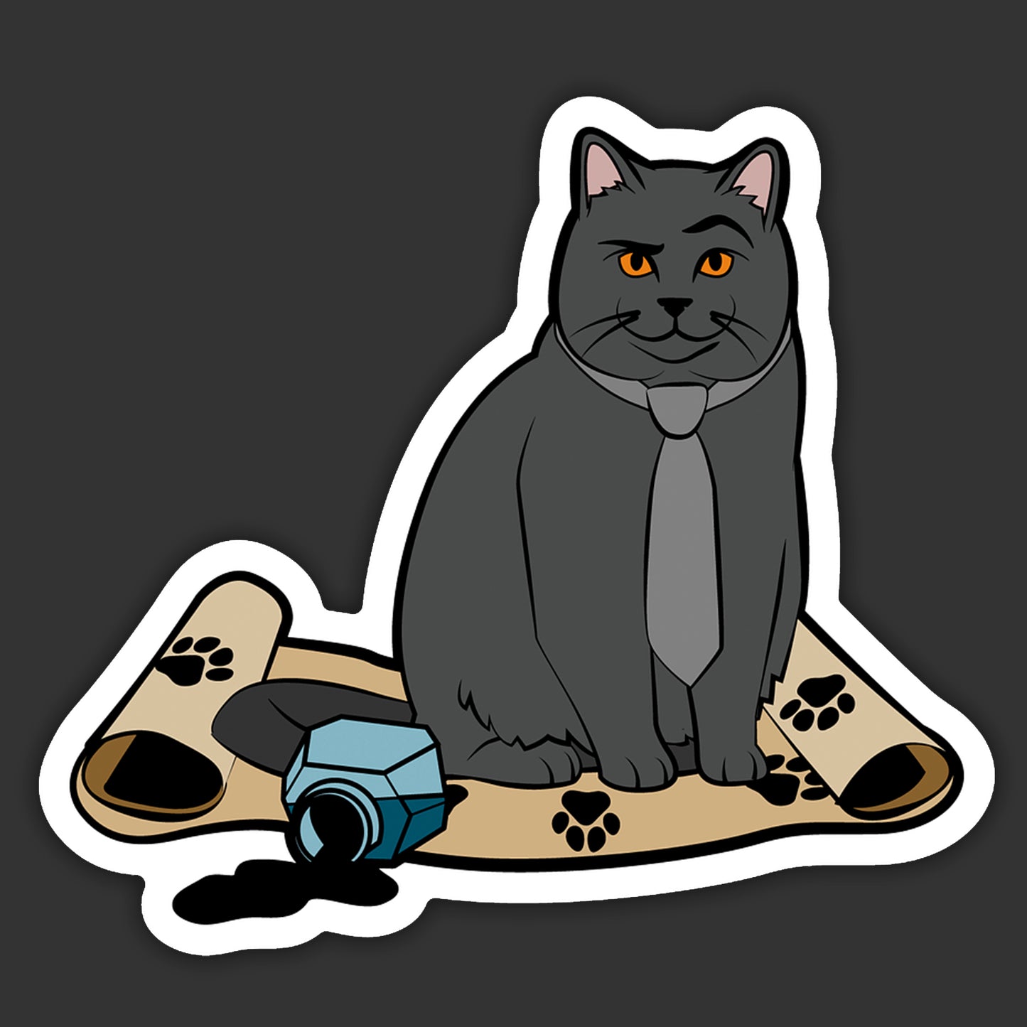 Sticker of a gray cat with orange eyes sitting on a rug with paw prints and a blue toy.
