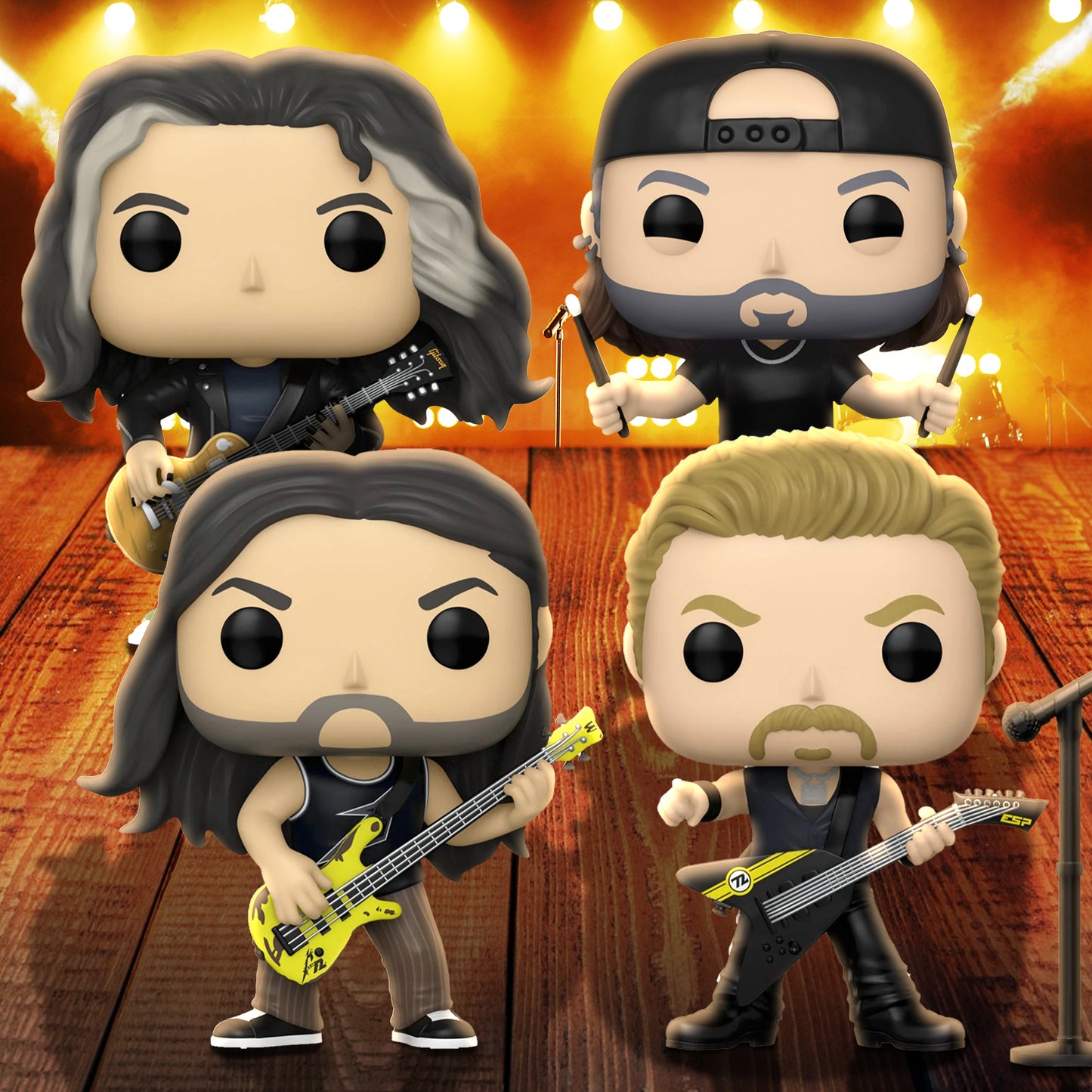 A quartet of bobblehead figures on a wooden stage, with bright lights in the background. The figures depict the members of the band Metallica.