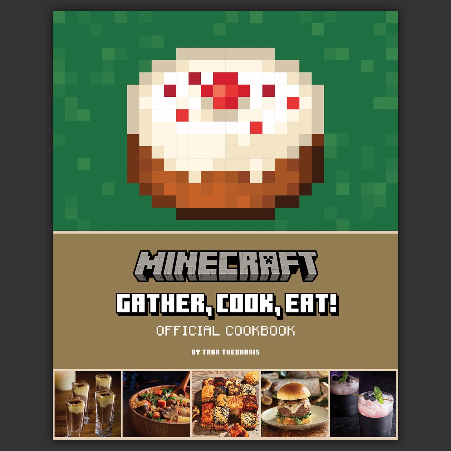 Minecraft-themed cookbook cover with pixelated cake illustration and food images.