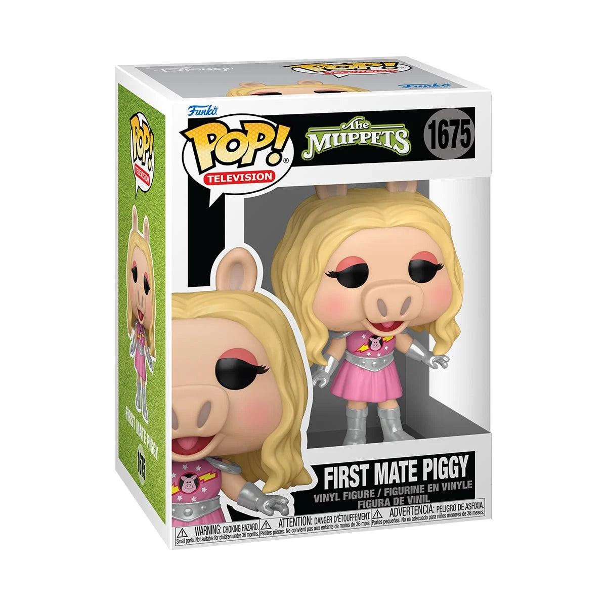 A cardboard box with a transparent front, containing a bobblehead figure depicting Miss Piggy in her pink Pigs In Space costume.