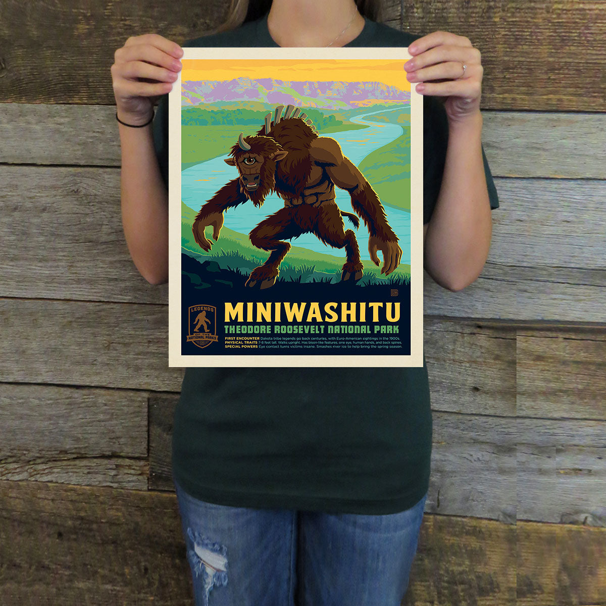 A vintage style travel poster depicting a miniwashitu in a national park