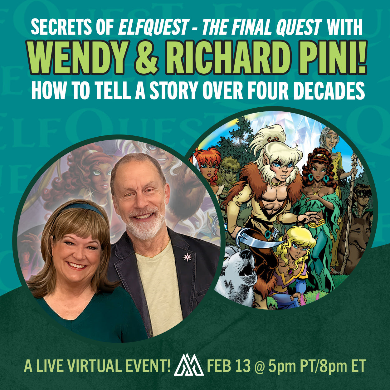 Promotional graphic for a live virtual event featuring Wendy and Richard Pini from Elfquest, with images of characters and text about the event.