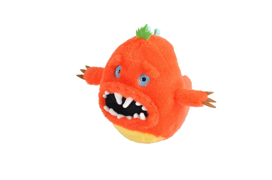 An image of an orange plushie against a white background. The plushie is round, with a wide mouth filled with long teeth. Tentacles are sticking out from his sides, and he has a small patch of green hair at the top of his head