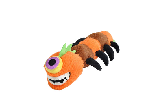 An image of an orange plushie against a white background. The plushie is long with multiple black legs along its abdomen. At the front is a wide mouth with fangs, and one giant eyeball with a purple iris. At the top of its head are green fins.