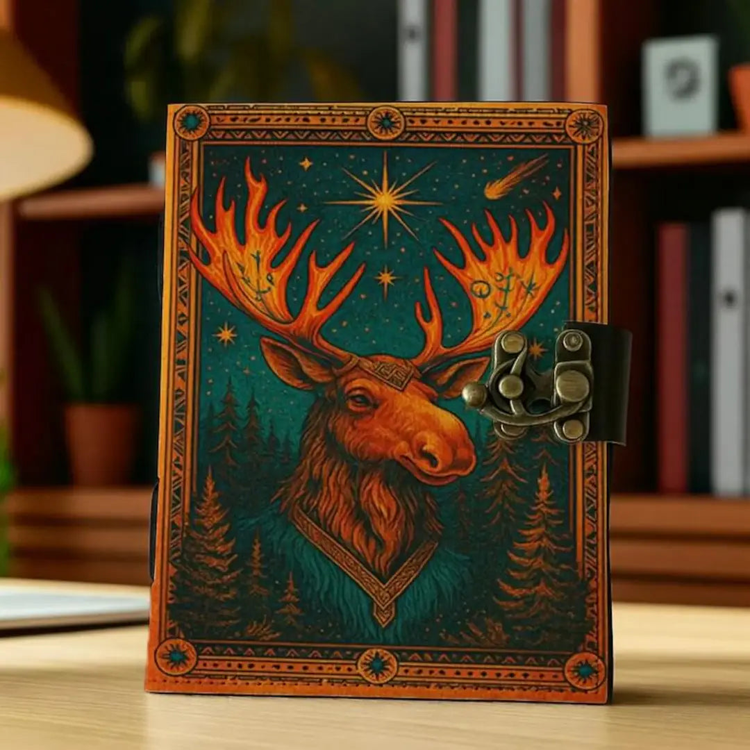A leather journal featuring an image of a moose on the cover