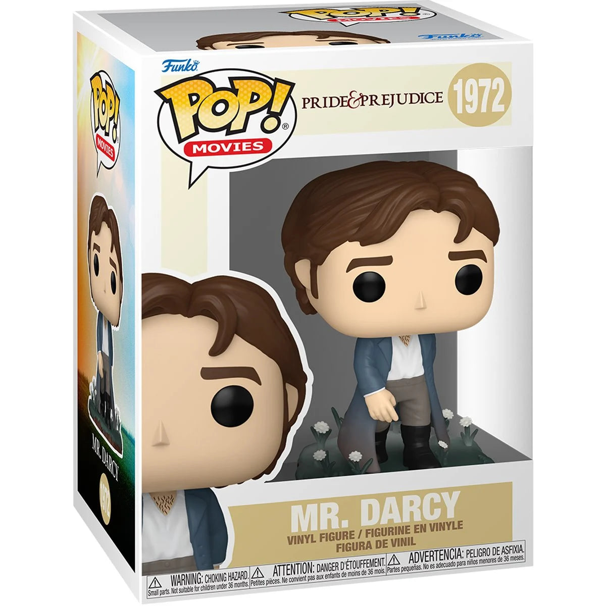A card board box with a transparent front, containing a bobblehead figure depicting Mr. Darcy from the 2005 film Pride & Prejudice.