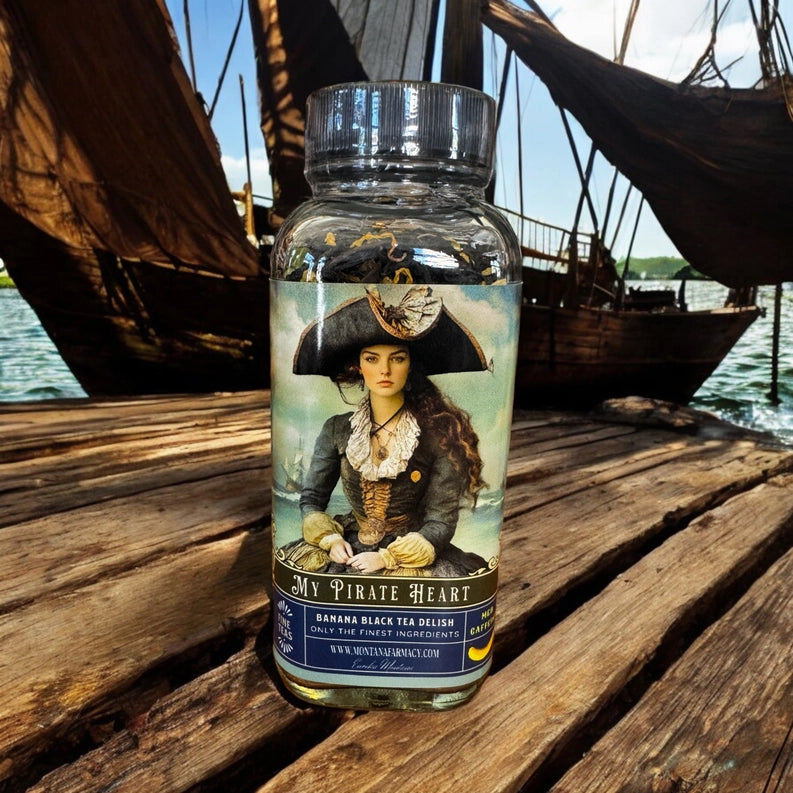 Bottle labeled 'My Pirate Heart' on a wooden dock with a pirate ship in the background.