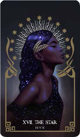 A tarot card from the deck, depicting Nyx from greek mythology, with text saying "XVII The Star."