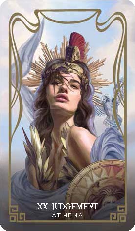 A tarot card from the deck, depicting Athena from greek mythology, with text saying "XX: Judgement."