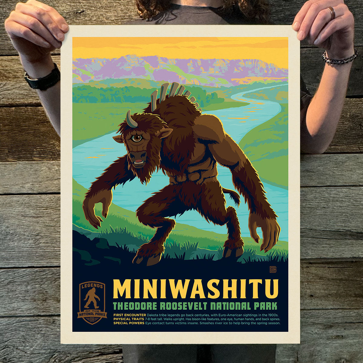 A vintage style travel poster depicting a miniwashitu in a national park