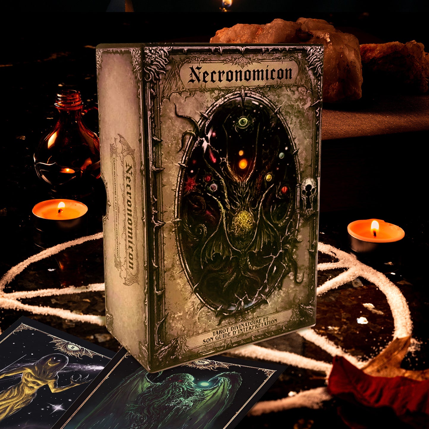 Cover of 'Necronomicon' tarot deck and guidebook with intricate design and text.