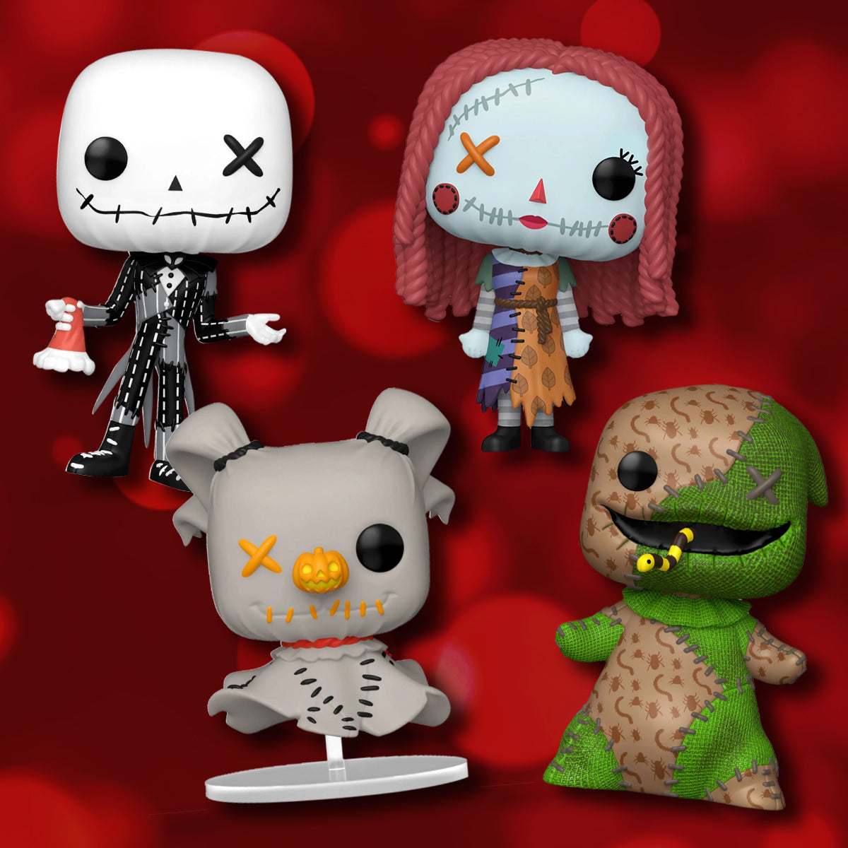 Four Nightmare Before Christmas figurines on a red background