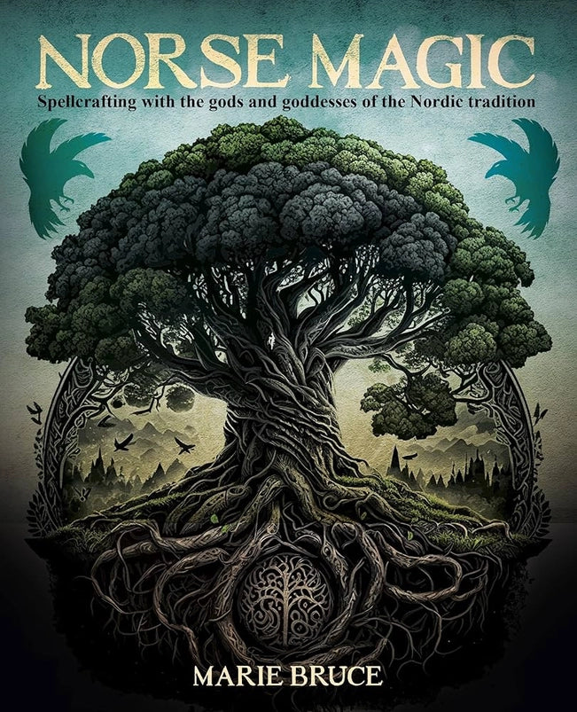 A hardcover book on a white background. The cover depicts a drawing of Yggdrasil, the Tree of Life from Norse mythology. Silhouetts of ravens are at the top left and right corners of the tree. Yellow and black text says "Norse magic. Spellcrafting with the gods and goddesses of the nordic tradition."