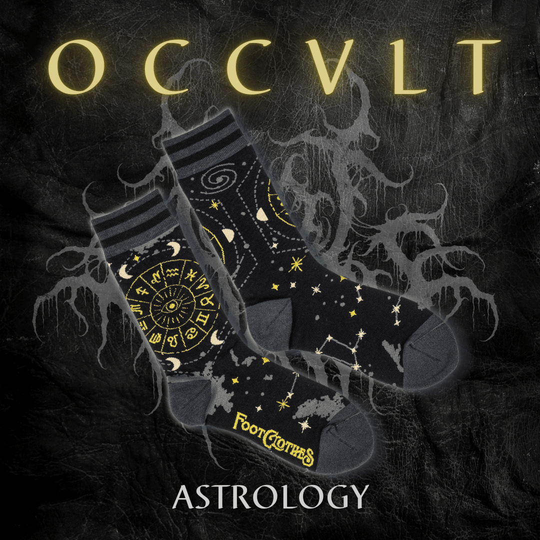 Socks with astrology design on a dark background with 'OCCULT' text.