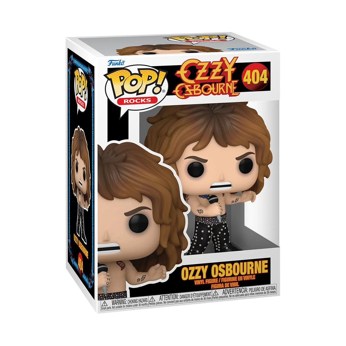 A boxed vinyl Funko Pop figure depicting depicting heavy metal icon Ozzy Osbourne, from 1989. He's wearing black pants with colored beads, and carrying a microphone.
