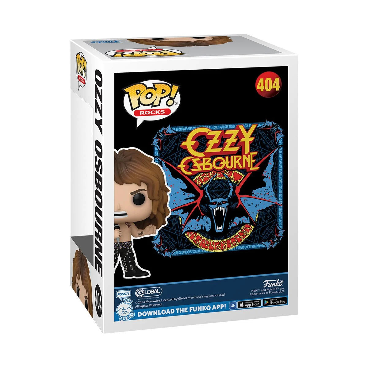 The back of a Funko Pop box depicting heavy metal icon Ozzy Osbourne. The box has a drawing of a large blue and red bat. The singer's name is above the bat in yellow and red text.