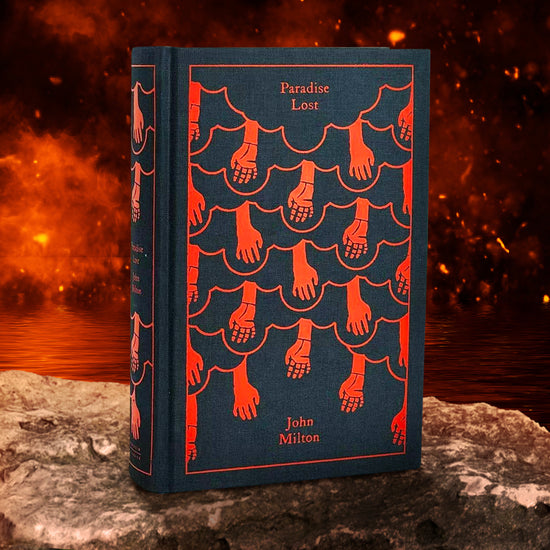 A black book standing on a rock ledge. Red hands drawn across the cover. Red text at the top says "Paradise Lost: John Milton." In the background is red lake with fiery embers in the air above it.