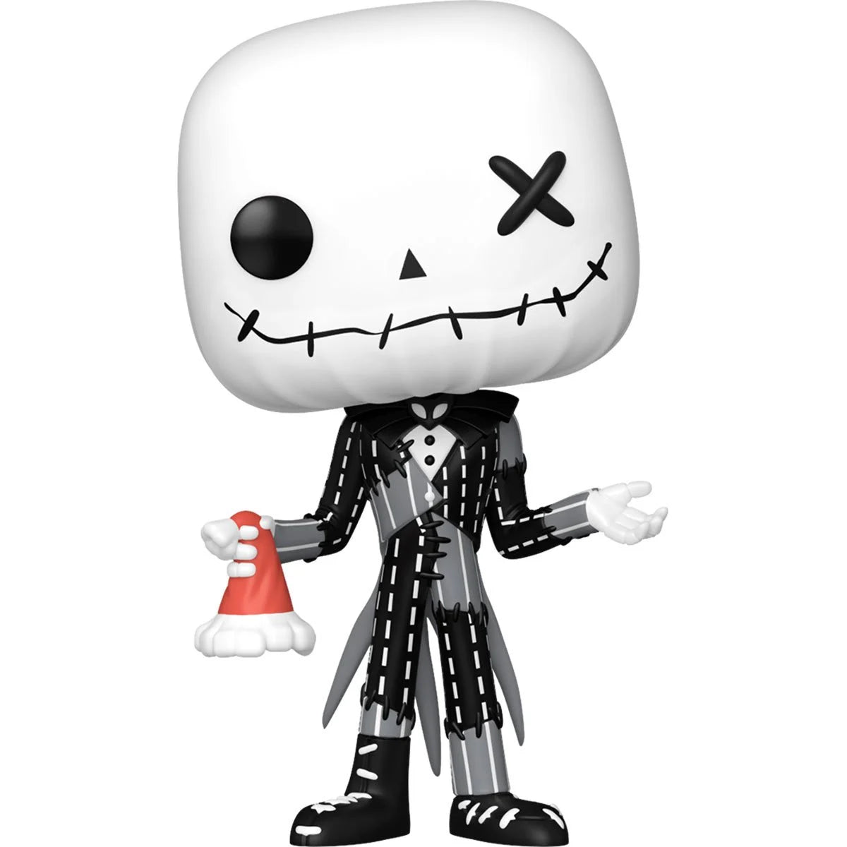 A Funko Pop! figure depicting Jack Skellington from The Nightmare Before Christmas. Jack's clothes are stitched together from mismatched pieces of fabric.