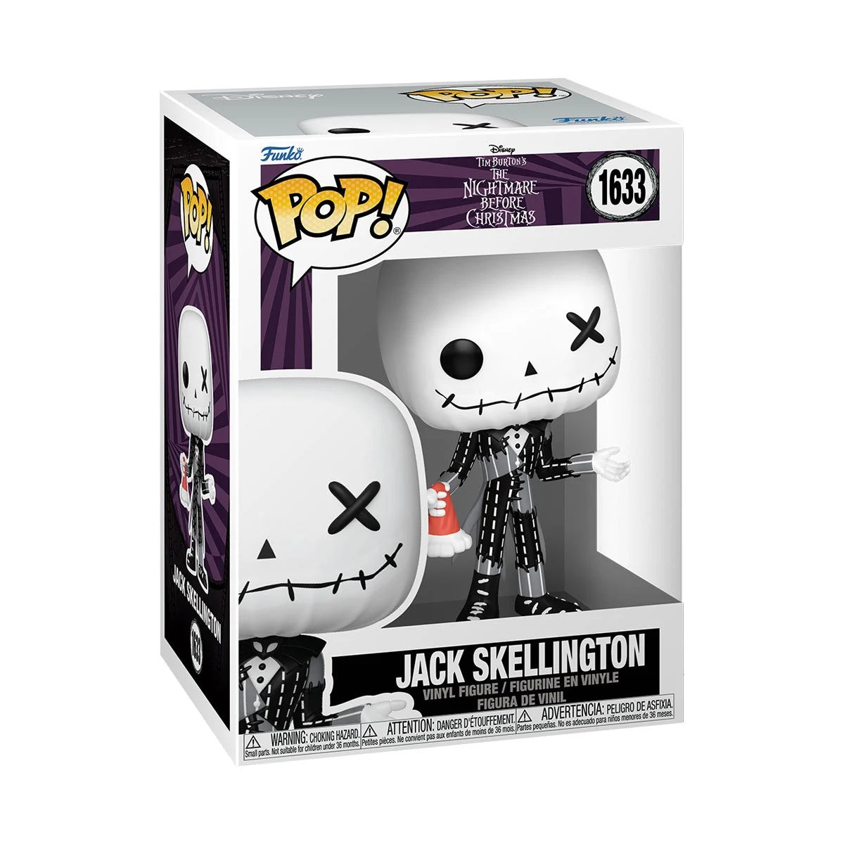 A cardboard box with a transparent front, containing a Funko Pop! figure depicting Jack Skellington from The Nightmare Before Christmas. Jack's clothes are stitched together from mismatched pieces of fabric.