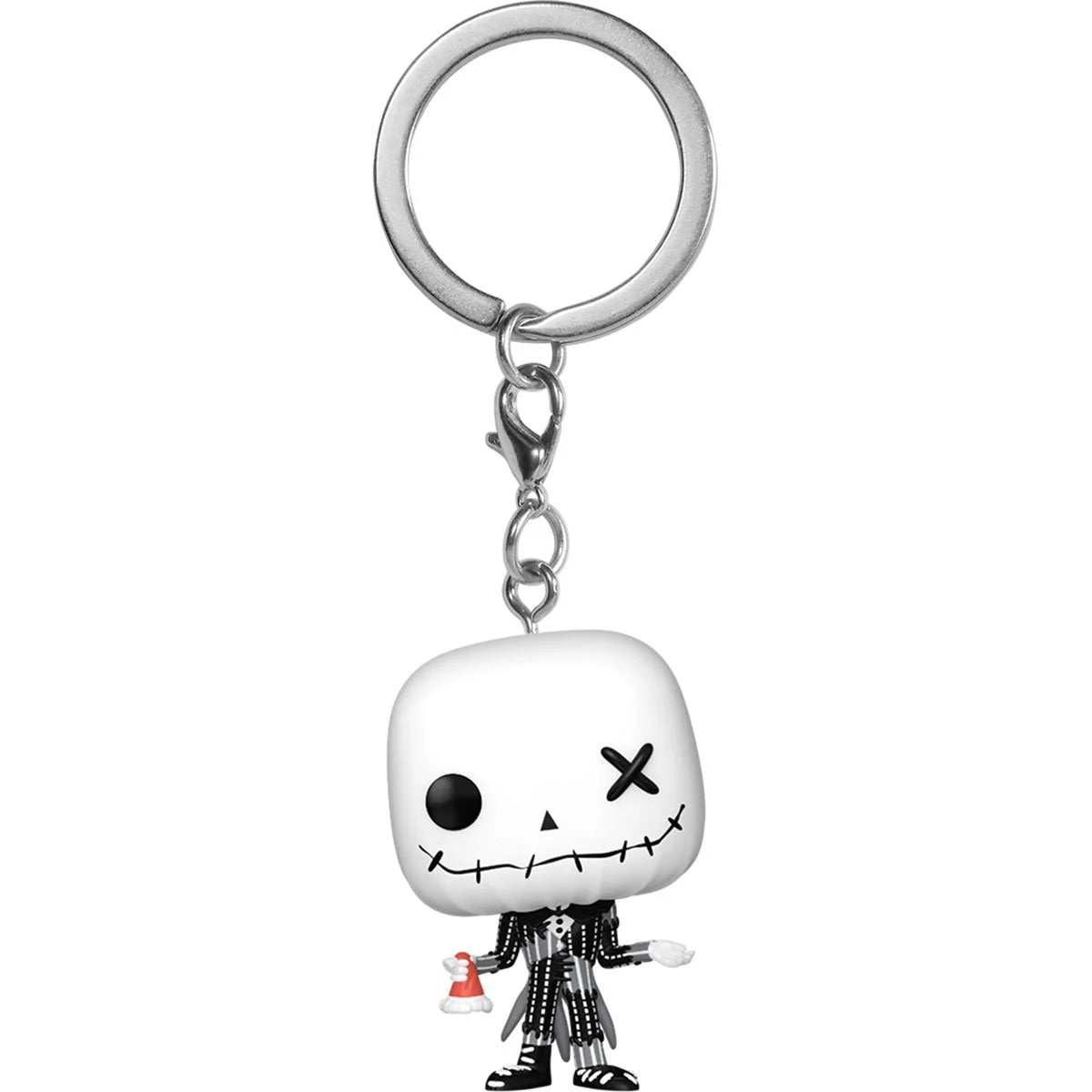 A miniature Funko Pop! figure keychain depicting the character Jack Skellington from The Nightmare Before Christmas. Jack's clothes are stitched together from mismatched fabrics.