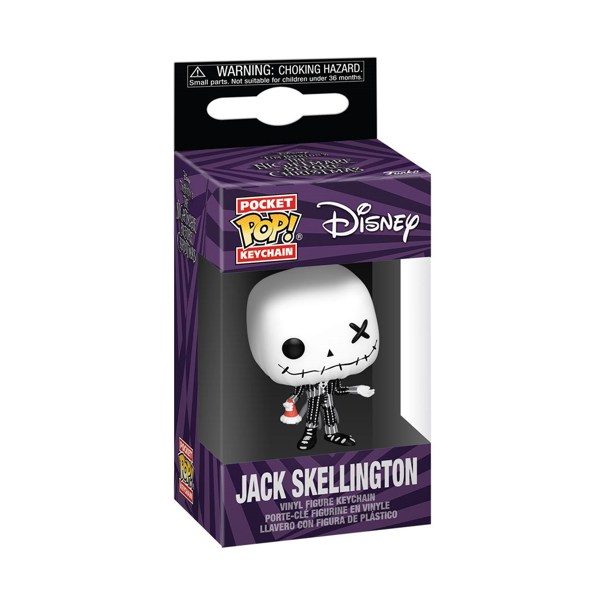 A cardboard box with a transparent front, containing a miniature Funko Pop! figure keychain depicting the character Jack Skellington from The Nightmare Before Christmas. Jack's clothes are stitched together from mismatched fabrics.